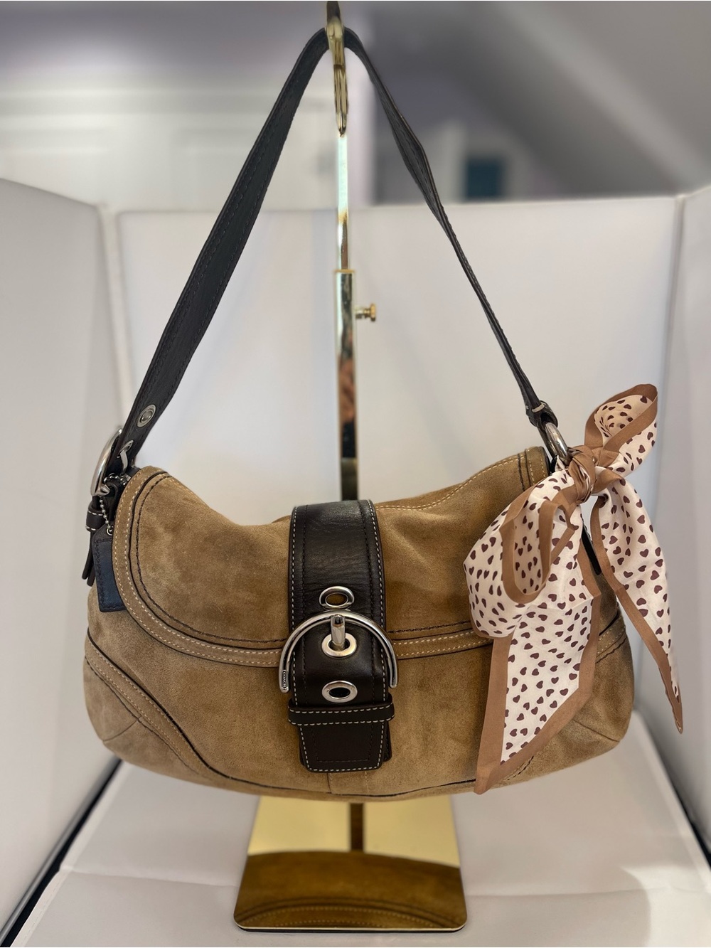 Coach Tan Suede Soho Shoulder Bag with Dark Brown Trim